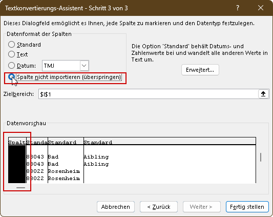 Spalte nicht importieren